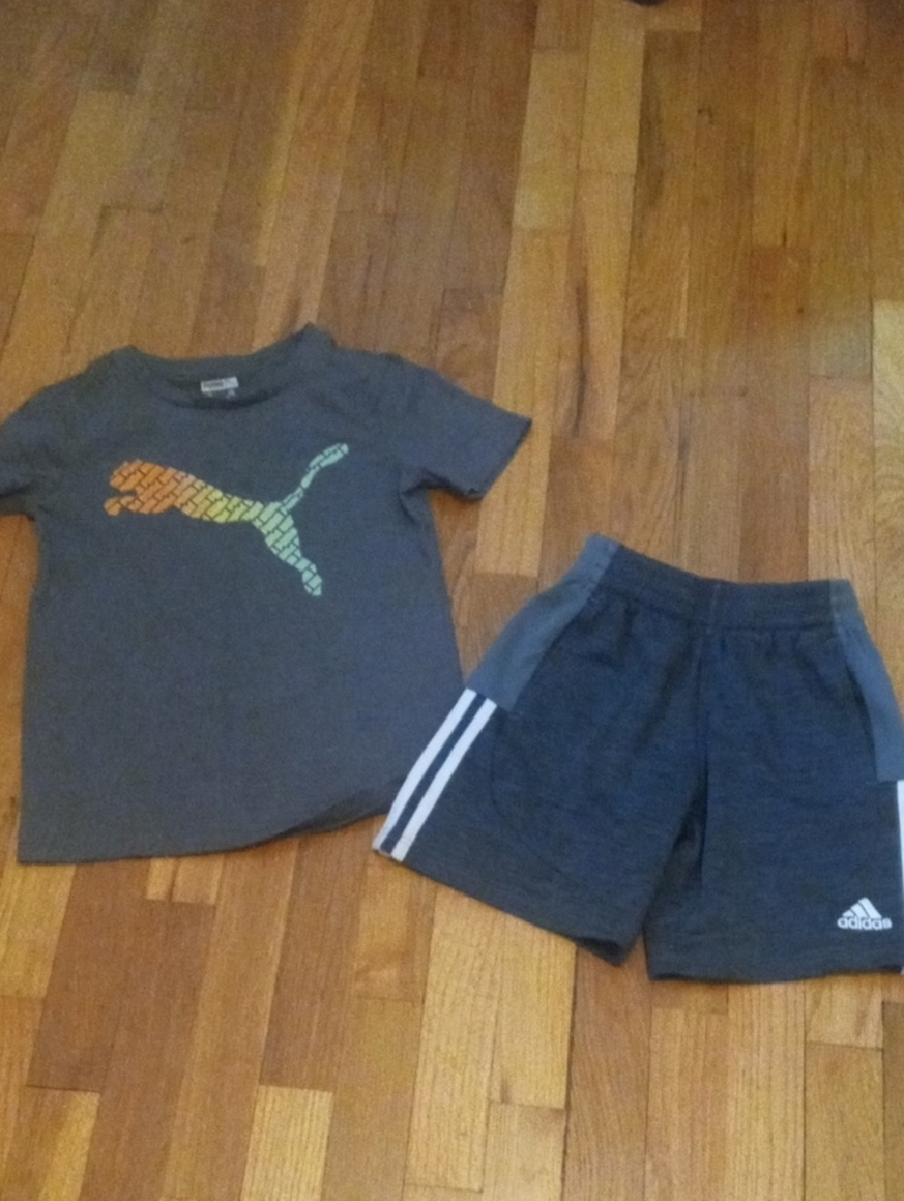 Puma Gray tee and adidas shorts, boys 8